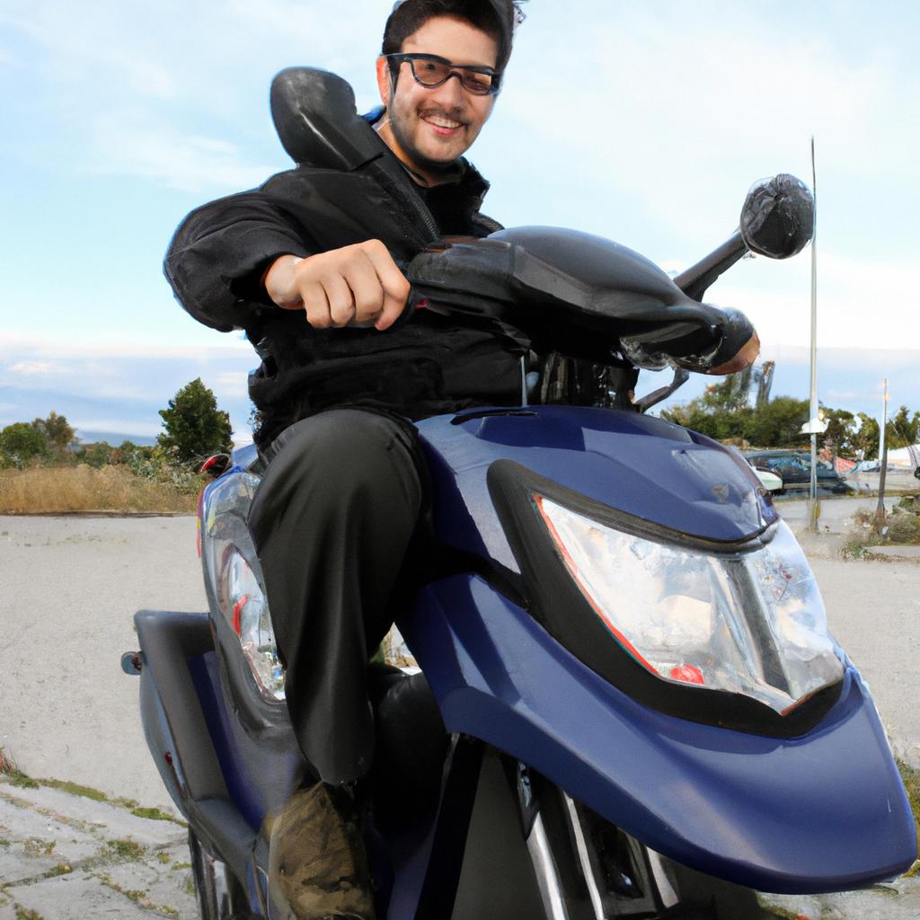 Person riding electric motorcycle, smiling