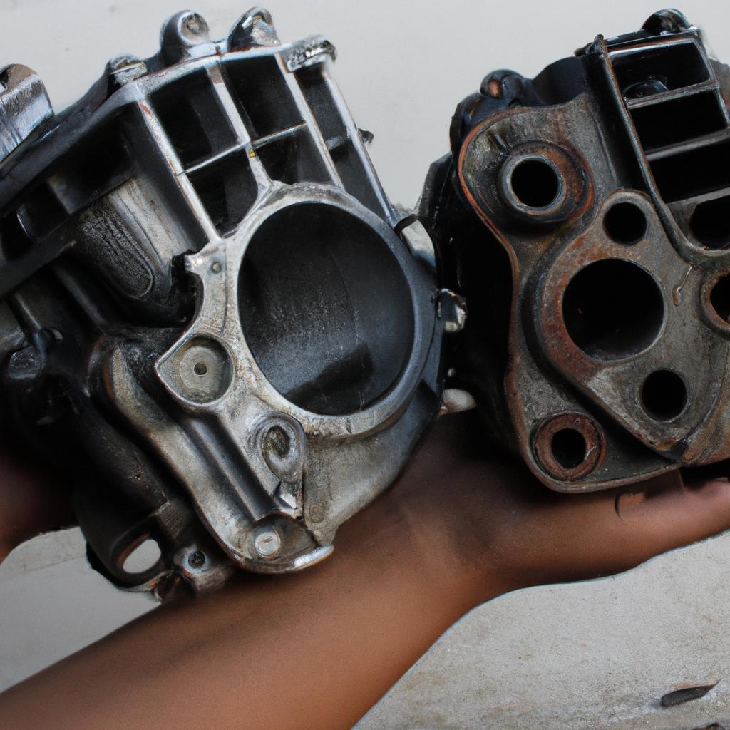Person holding motorcycle engine parts