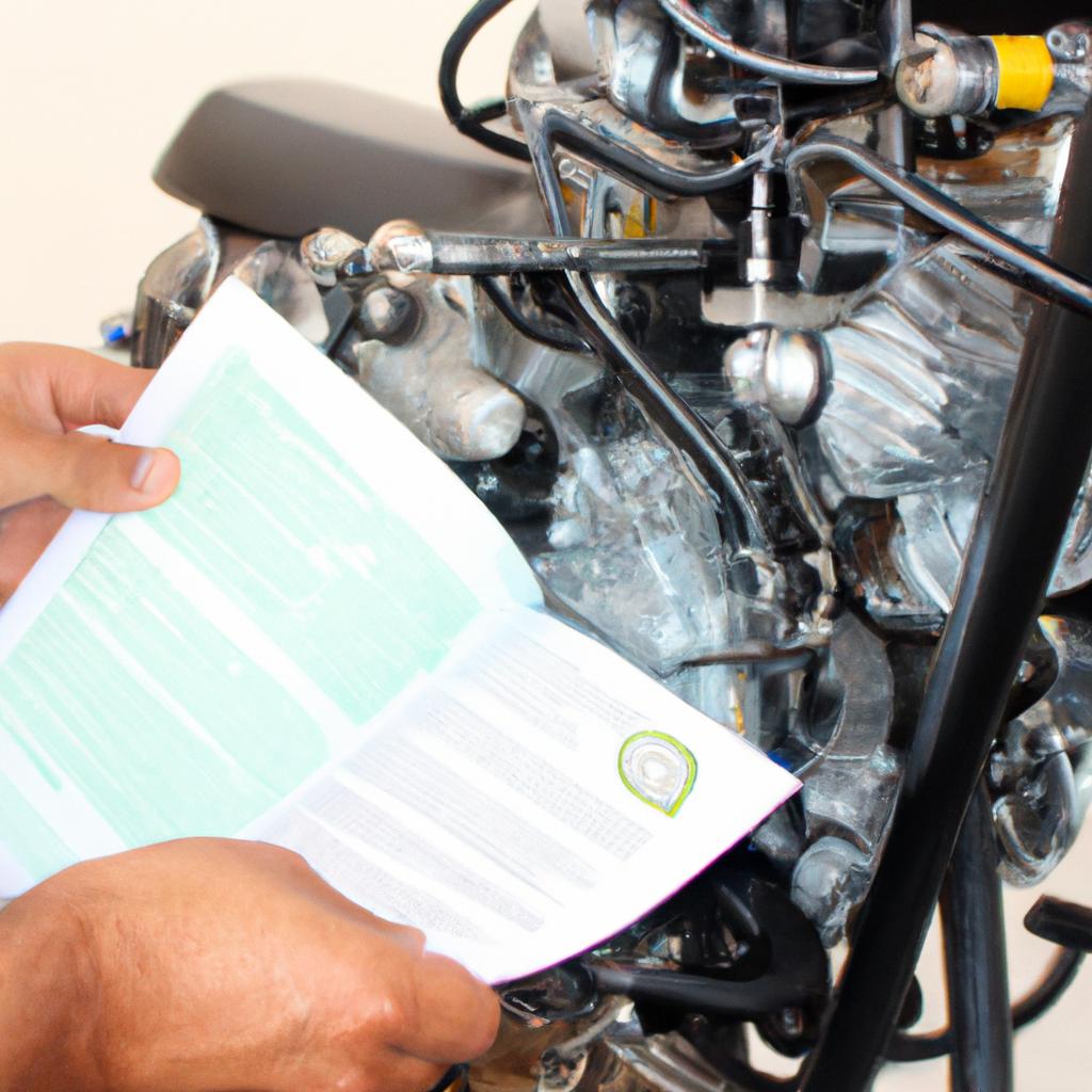 Person examining motorcycle engine specifications