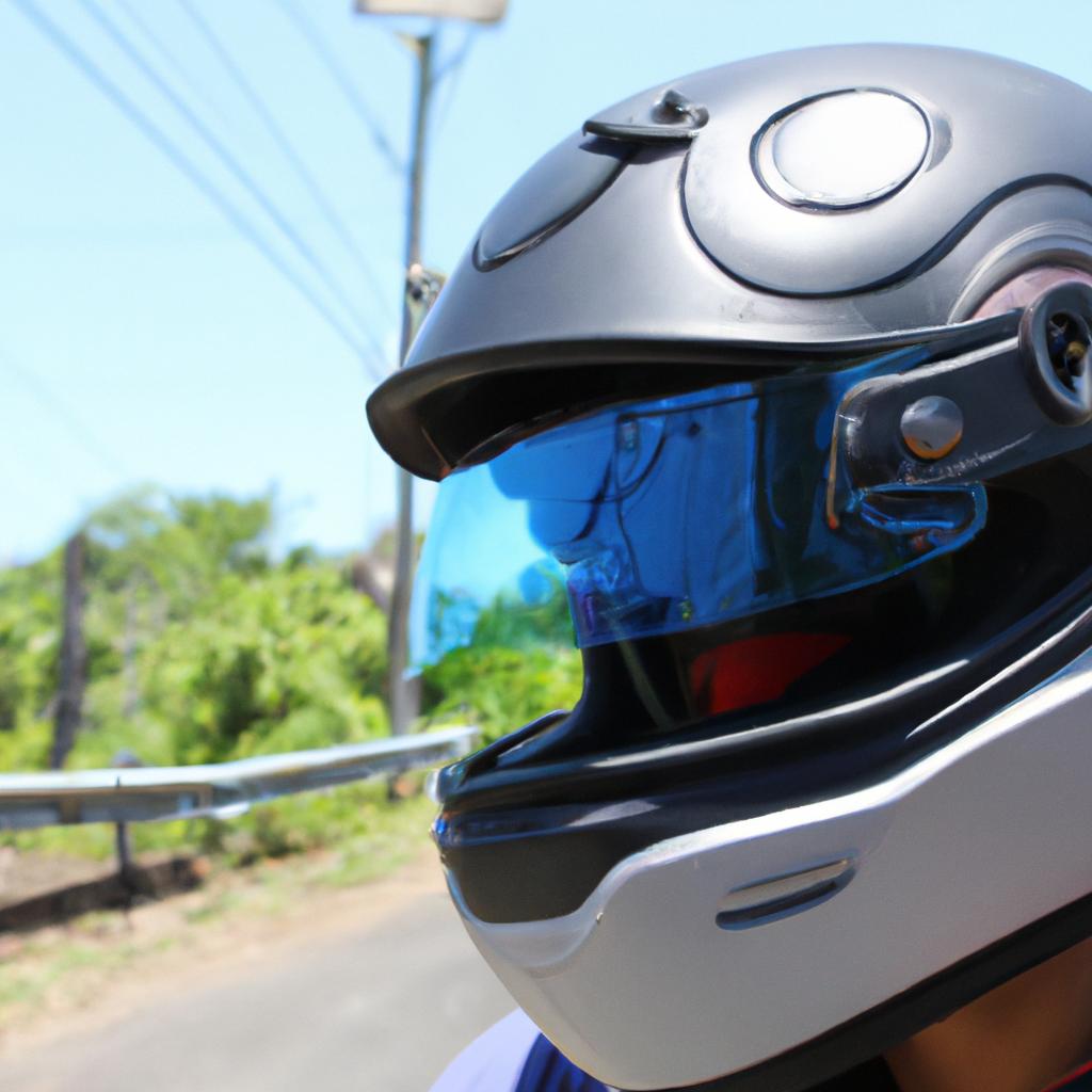 Person wearing motorcycle helmet, riding